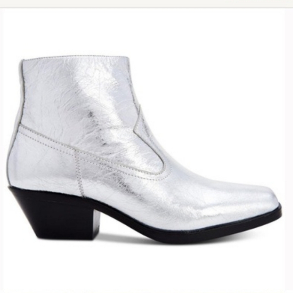 Calvin Klein Sadi Paper Square Toe Metallic Silver Ankle Boots Size 10